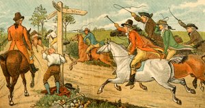 John Gilpin en su caballo desbocado siendo perseguido por transeúntes de Randolph Caldecott