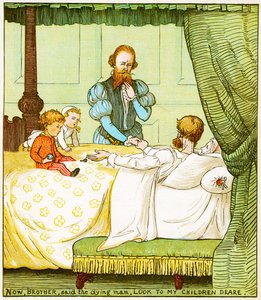 "Ahora, hermano, dijo el moribundo, cuida de mis queridos hijos", ilustración de Babes in the wood de Randolph Caldecott
