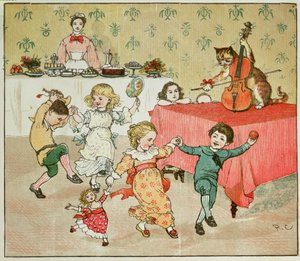 El Gato y el Violín y la Fiesta Infantil, ilustración de Hey Diddle Diddle de Randolph Caldecott