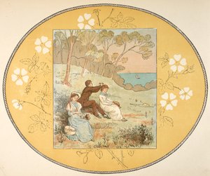 Dos mujeres y un hombre sentados en un claro cerca de la costa. Borde floral. de Randolph Caldecott