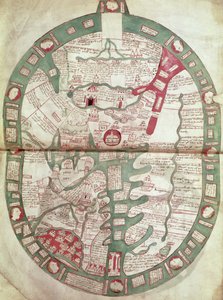 Roy.Ms.14 C. f.1 1v-2r Mapa del mundo con Jerusalén como centro, Polychronicon, c.1380 (vitela)