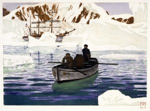 Charcot y la tripulación del Why Pas au Pôle - dibujo de Dugardier, en "Les belles cruisières francaises" de Paul Chack, Librairie de la Revue Française, París.