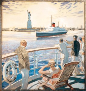 Francia, Amboise, Viaje inaugural del vapor Normandie, La entrada del puerto de Nueva York, acuarela de Raoul Du Gardier