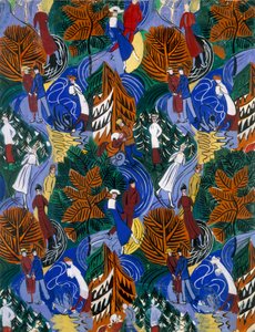Patinadores sobre hielo, diseño para seda estampada, c.1914-20 (litografía en color)