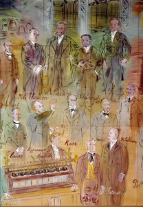 La Fee Electricite, detalle: Retratos de diferentes intelectuales y científicos: Jules Francois Joubert, Elihu Thomson, Ernst Werner Siemens, Charles Proteus Steinmetz, Marcel Deprez, Gaston Plante, Gabriel Lippmann, John Kerr, Maurice Leblanc, Humphrey Da