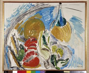 Bodegón de frutas, verduras y una botella de vino sobre una mesa de Raoul Dufy