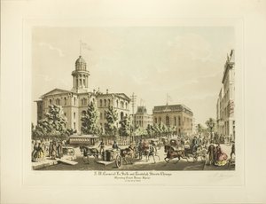 Esquina N.O. de LaSalle y Randolph, Chicago, mostrando la Plaza del Palacio de Justicia en el año 1864