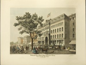 Calle Washington entre State y Dearborn, Chicago, mostrando la Ópera de Crosby en el año 1864 de Raoul Varin