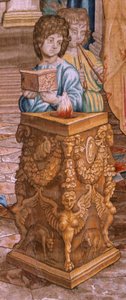 Tapiz flamenco. Serie Los Hechos de los Apóstoles. San Pablo y San Bernabé en Listra (San Pablo y San Bernabé en Listra). Octavo paño de la serie, se partió en dos para adaptarlo a la estancia. Modelo Caricatura de Rafael Sanzio. 1519. Manufactura Jan Raes