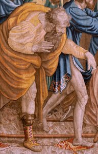 Tapiz flamenco. Serie Los Hechos de los Apóstoles. San Pablo y San Bernabé en Listra (San Pablo y San Bernabé en Listra). Octavo paño de la serie, se partió en dos para adaptarlo a la estancia. Modelo Caricatura de Rafael Sanzio. 1519. Manufactura Jan Raes de Raphael