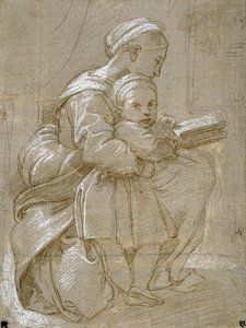 Una mujer sentada en una silla leyendo, con un niño a su lado de Raphael