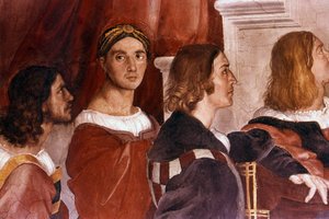 Detalle de Rafael (en el centro) de la Misa de Bolsena. 1514. Fresco de Rafael (14831520):Raffaello Sanzio. de Raphael (1483 1520)