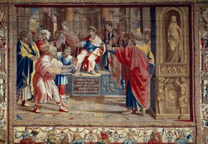 Vida del apóstol Pedro y Pablo: “el castigo de Barjesu (Elymas) mago judío que se opuso a Pablo y quedó temporalmente ciego”. La escena tiene lugar frente al procónsul romano Lucio Sergio Paulo y San Bernabé. Puedes ver la inscripción i de after Raphael