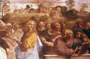 Detalle del fresco "La Disputa del Sacramento" del renacentista italiano Rafael de Raphael (1483 1520)