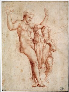 Psique presentando a Venus el agua del Estigia. Dibujo a la sanguina por Raffaello Sanzio, conocido como Rafael (1483-1520)