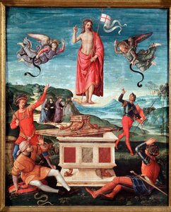 La resurrección (La resurrección de Cristo) Jesucristo tiene una cruz de palo al final de la cual ondea una bandera blanca (estandarte) con una cruz roja