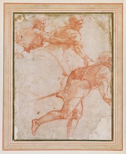 Un soldado corriendo a la derecha y dos jinetes con los brazos extendidos de Raphael