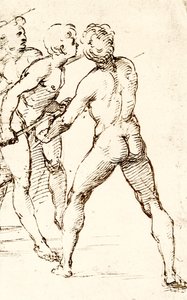 Tres guerreros, esperando el ataque de Raffaello Sanzio Raphael