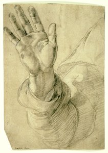 Mano derecha levantada, con la palma hacia afuera: Estudio para San Pedro, 1518-20 de Raphael