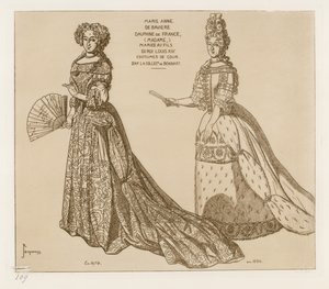 Costumes de Cour. Marie Anne de Baviere, Dauphine de France, casada con el hijo del Rey Luis XIV. Después de una obra en la colección de Bonnart.