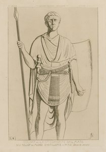 Soldado de la IV cohorte Dalmata. Bajo relieve del Museo de Artillería en París. Dibujo inédito. Trajes militares - infantería - Imperio de Occidente.