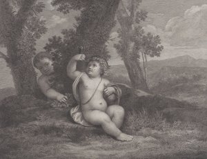 El infante Baco sentado bajo un árbol, levantando una copa de vino, con otro infante detrás, 1780 de Raphael Morghen