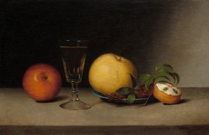 Naturaleza muerta con manzanas, jerez y pastel de té