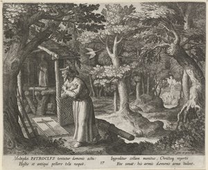 San Patroclo de Néris como ermitaño La vida virtuosa de los ermitaños (título de la serie) Trophaeum vitae solitariae (título de la serie) de Raphaël Sadeler (I)