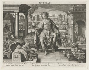 Nuptiae como personificación del matrimonio Nvptiae (título sobre el objeto) Principales actividades de un príncipe (título de la serie) Schema, seu speculum principum (título de la serie) de Raphaël Sadeler (I)