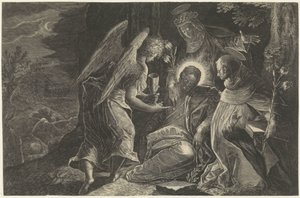 Cristo es consolado en Getsemaní por un ángel, Santo Domingo y Santa Catalina de Siena espejo de obediencia Perfectissimvm Obedientiae Specvlvm (título sobre el objeto) Espejos de obediencia, castidad y pobreza (título de serie) de Raphaël Sadeler (II)
