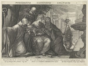 Sagrada Familia con San Benito y Santa Escolástica espejo de castidad Pvrissimvm Castitatis Specvlvm (título sobre el objeto) Espejos de obediencia, castidad y pobreza (título de serie) de Raphaël Sadeler (II)