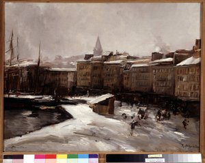 Quai du port, Marsella, bajo la nieve Pintura de Raymond Allegre (1857-1933) Dim. 56x74 cm. Mención obligatoria: Colección fondation regards de Provence Marseille de Raymond Allegre
