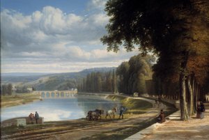 Paseo al Parque de Saint Cloud Detalle a orillas del Sena, caballos en el camino de sirga. Pintura de Raymond Esbrat (1809-1856) 1850 Roanne. Museo Joseph Dechelette de Raymond Esbrat