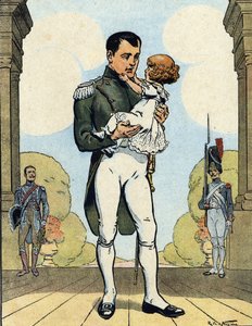 Retrato del Emperador Napoleón I (1769-1821) con su hijo el Aiglon (1811-1832) (Rey de Roma Napoleón II, Duque de Reichstadt) (Emperador francés Napoleón I con su hijo Napoleón II) Ilustración de Raymond de Neziere en "Our-Glories-Nationales" 1920 DR Pri