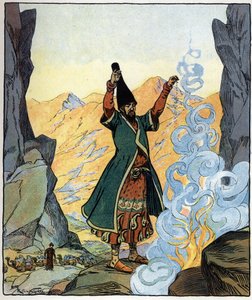 El monje derviche enciende fuego y lo rocía: ilustración del cuento "Aladino o la lámpara maravillosa" de "Las mil y una noches