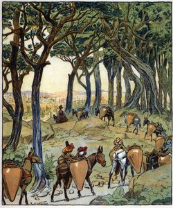 Toda la caravana tomó el camino de la ciudad: ilustración del cuento "Aladino o la lámpara maravillosa" de "Las mil y una noches".