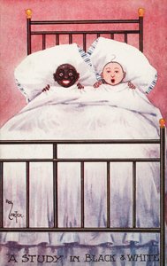 Niños en blanco y negro en una cama (litografía en color) de Reg Carter