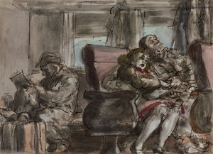 Pasajeros en un vagón de tren (acuarela, tinta y lápiz sobre papel)