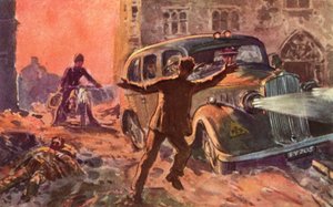 Bomberos del Servicio Nacional de Bomberos Británico en tiempos de guerra siendo alertados de la presencia de una víctima malherida de un ataque aéreo, Segunda Guerra Mundial.