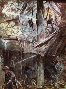 Bomberos del Servicio Nacional de Bomberos Británico en tiempos de guerra amortiguando un ataque aéreo durante el Blitz, Segunda Guerra Mundial.