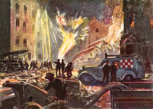 Bomberos del Servicio Nacional de Bomberos Británico de la Segunda Guerra Mundial se ocupan de una tubería de gas en llamas durante el bombardeo.