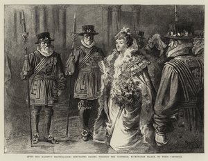 Después de la Sala de Dibujo de Su Majestad, Debutantes pasando por el Vestíbulo, Palacio de Buckingham, hacia sus Carruajes (grabado)