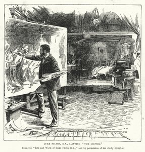Luke Fildes, RA, pintando El Doctor (litografía)