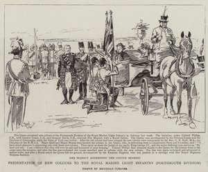 Presentación de los nuevos colores a la Real Infantería Ligera de Marina, División Portsmouth (litografía) de Reginald Thomas Cleaver