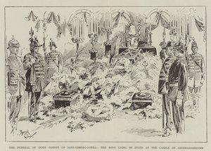 El funeral del duque Ernesto de Sajonia-Coburgo-Gotha, el cuerpo yace en el castillo de Reinhardsbrunn (grabado)