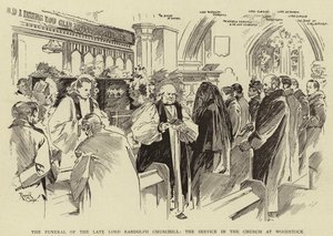 El funeral del difunto Lord Randolph Churchill, el servicio en la iglesia de Woodstock (litografía)
