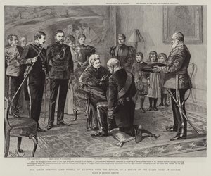 La Reina inviste a Lord Russell de Killowen con la Insignia de Caballero de la Gran Cruz en Osborne (grabado)