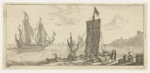 Bahía con un esquinero y un buque de guerra. Varios Embarquements et autre Faicts (título de la serie) Varias embarcaciones y similares (título de la serie) de Reinier Nooms