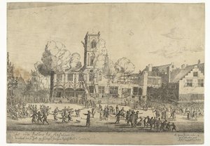Incendio del antiguo Ayuntamiento de Amsterdam El antiguo Ayuntamiento de Amsterdam se quemó el 7 de julio el domingo por la mañana a las dos y media Ao 1652 (título sobre el objeto) de Reinier Nooms