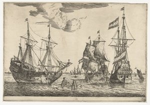 Tres veleros amarrados Trece escenas con barcos (título de la serie) de Reinier Nooms